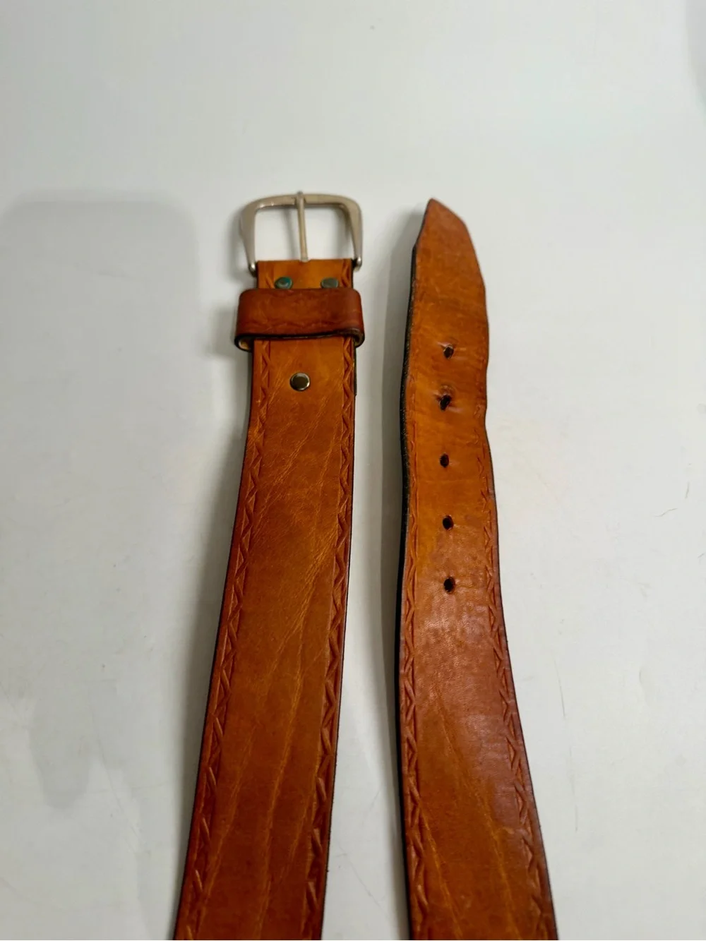 VTG Devonshire 34 1.5” Moccasin Elk Leather Belt Top Grain Silver Brass Buckle